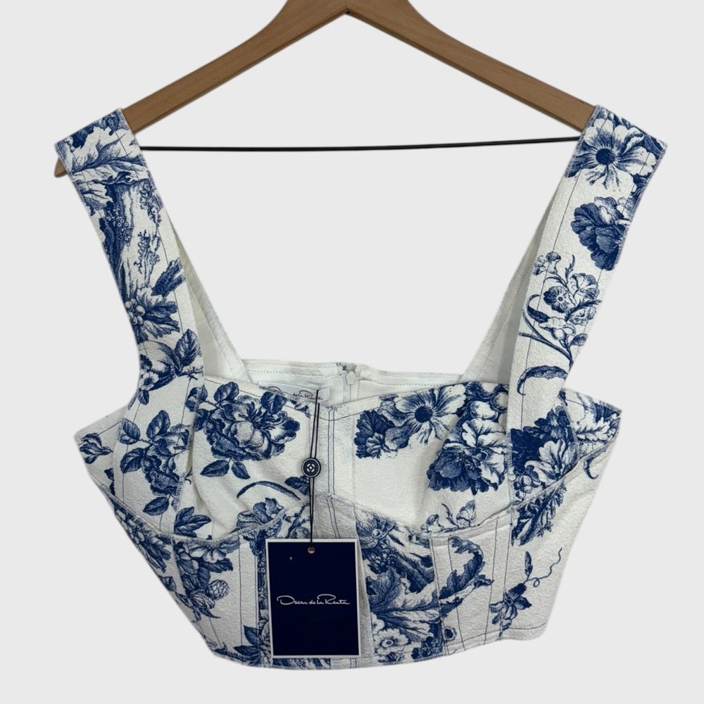 Oscar de la Renta NWT Blue White Toile Cotton Cropped Top US Size 12